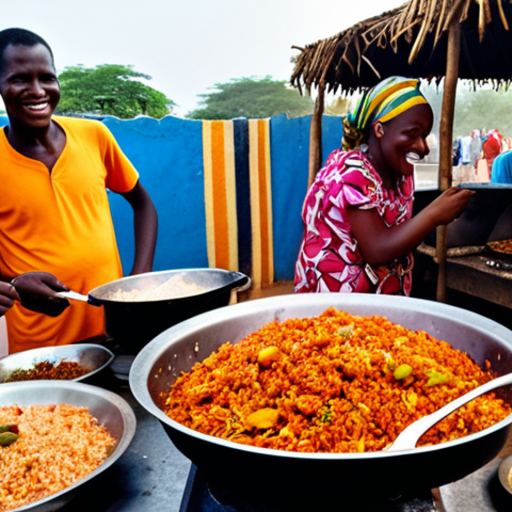 A vibrant street food stall in Gambia, overflowing with colorful ingredients and the aroma of spices. A friendly vendor smiles as they prepare Benachin (Jollof Rice) over an open fire, surrounded by locals.