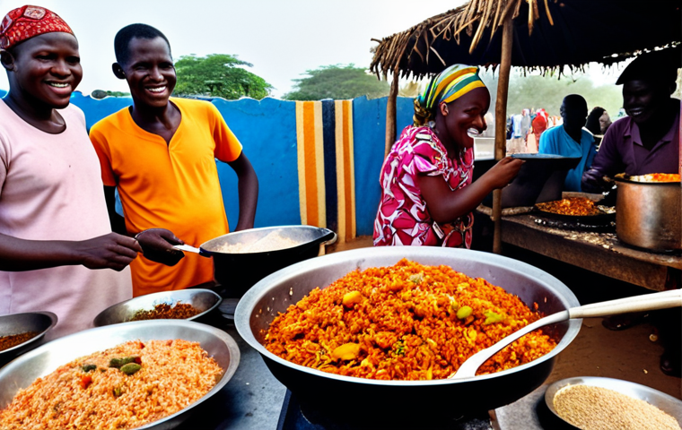 A vibrant street food stall in Gambia, overflowing with colorful ingredients and the aroma of spices. A friendly vendor smiles as they prepare Benachin (Jollof Rice) over an open fire, surrounded by locals.
