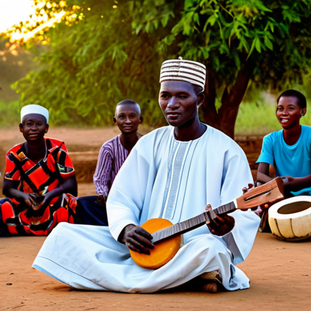Gambian Musician**

A fully clothed Gambian Griot playing a Kora in a village setting at sunset, surrounded by people, fully clothed, appropriate attire, safe for work, perfect anatomy, natural proportions, professional photography, high quality, family-friendly, traditional Gambian clothing, modest clothing.

**