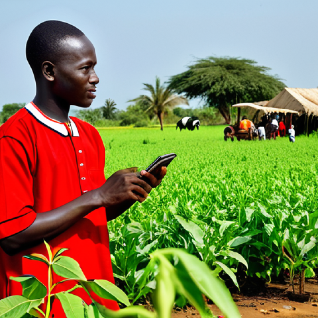 Digital Transformation in Gambian Agriculture**

"A young Gambian entrepreneur demonstrates a mobile app to local farmers in a lush green field near the Gambia River. The app displays crop yields and weather patterns. Farmers are dressed in traditional, practical farming attire, fully clothed. The scene showcases modern technology empowering traditional practices. Background includes a vibrant market scene with people trading goods. Safe for work, appropriate content, professional, family-friendly, perfect anatomy, correct proportions, natural pose, well-formed hands, proper finger count, natural body proportions, high quality, detailed, vibrant colors."

**