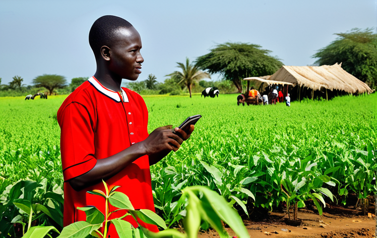 Digital Transformation in Gambian Agriculture**

"A young Gambian entrepreneur demonstrates a mobile app to local farmers in a lush green field near the Gambia River. The app displays crop yields and weather patterns. Farmers are dressed in traditional, practical farming attire, fully clothed. The scene showcases modern technology empowering traditional practices. Background includes a vibrant market scene with people trading goods. Safe for work, appropriate content, professional, family-friendly, perfect anatomy, correct proportions, natural pose, well-formed hands, proper finger count, natural body proportions, high quality, detailed, vibrant colors."

**