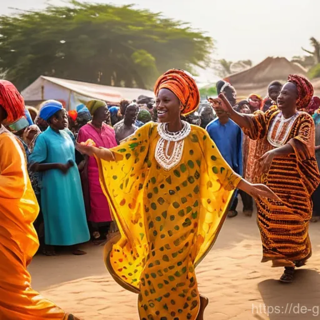감비아 민속춤과 문화 - **A Vibrant Gambian Village Dance Celebration:**
    An outdoor, wide-angle shot of a lively Gambian...