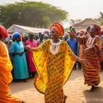 감비아 민속춤과 문화 - **A Vibrant Gambian Village Dance Celebration:**
    An outdoor, wide-angle shot of a lively Gambian...