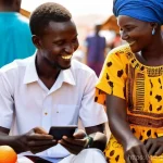 감비아에서 사업 기회 - **"A vibrant, sunlit scene in a bustling Gambian village marketplace. Local artisans, both men and w...