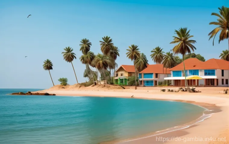 감비아 부동산 투자 - **Prompt:** A vibrant, sun-drenched coastal scene in Gambia, specifically depicting a luxurious yet ...