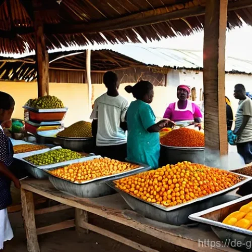 감비아 스트리트 푸드 추천 - **Vibrant Gambian Street Food Market at Sunset:**
    A bustling and authentic street food market in...