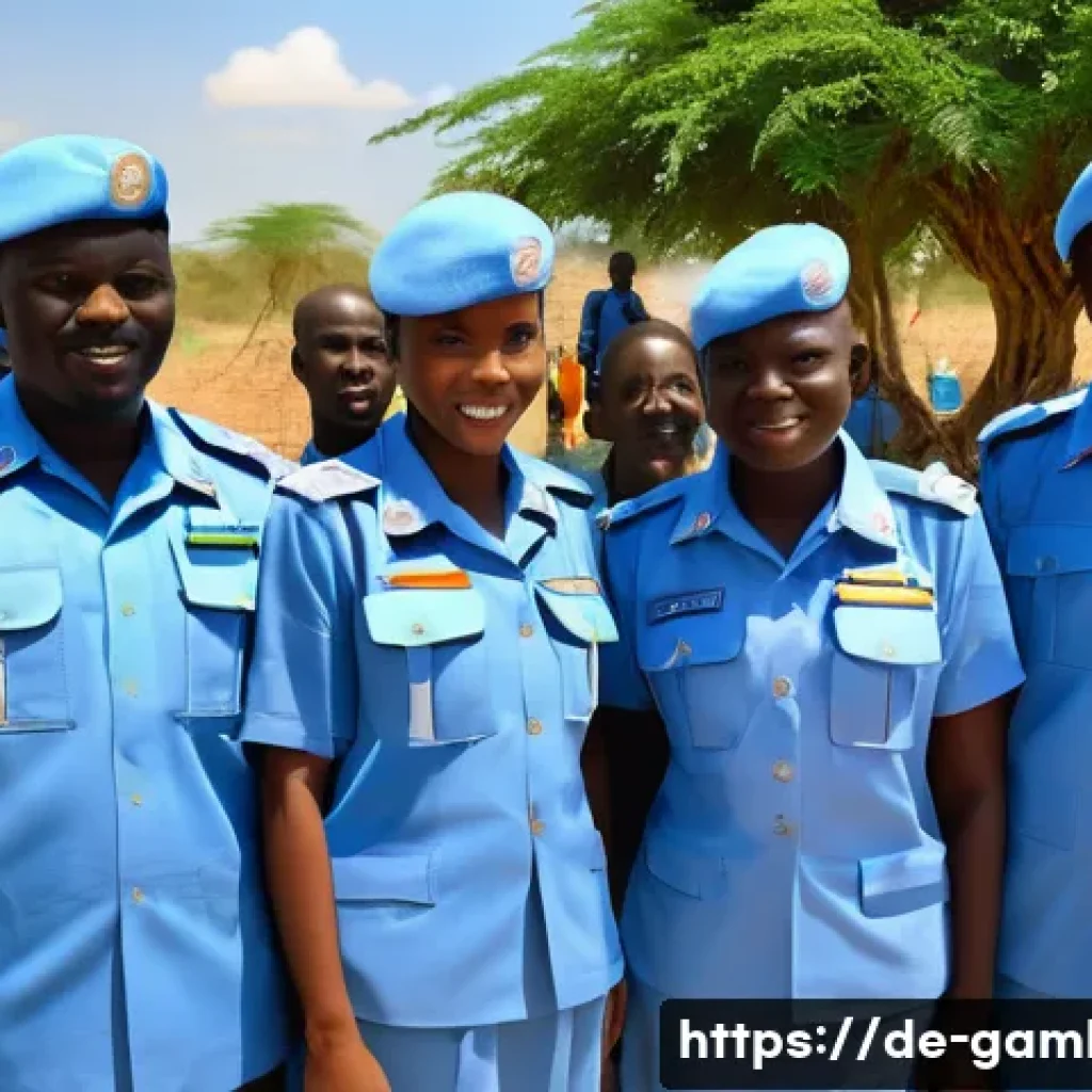 감비아와 유엔 관계 - A group of Gambian peacekeepers in neatly pressed blue UN peacekeeping uniforms, including both men ...