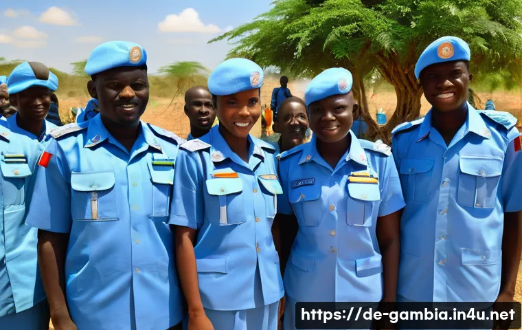 감비아와 유엔 관계 - A group of Gambian peacekeepers in neatly pressed blue UN peacekeeping uniforms, including both men ...