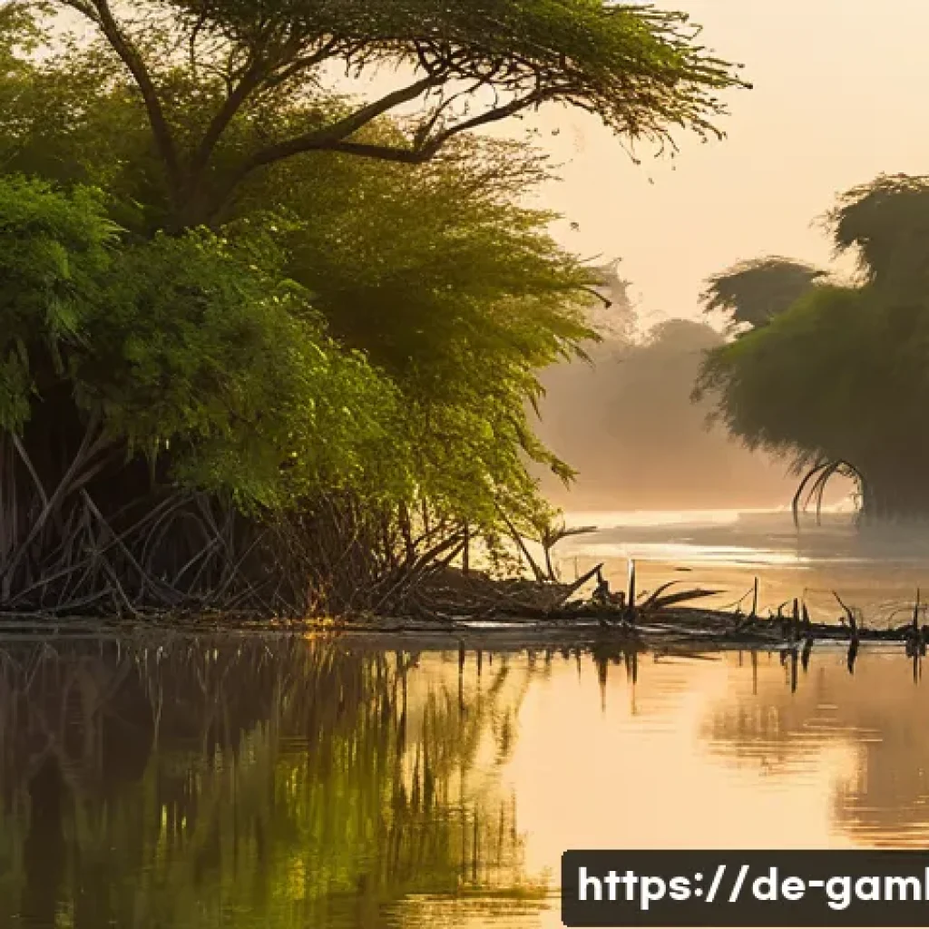 감비아 리버 크루즈 체험 - A vibrant scene along the Gambia River at dawn, featuring a variety of colorful bird species such as...