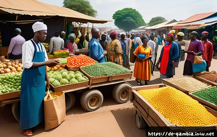 감비아와 국제 관계 - A vibrant West African marketplace scene depicting Gambian and Senegalese entrepreneurs engaging in ...