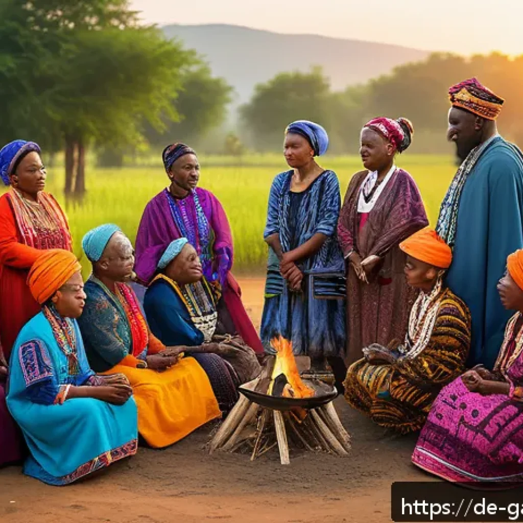 감비아 월로프족 역사 - A vibrant traditional Wolof village ceremony honoring ancestors, featuring elders dressed in colorfu...