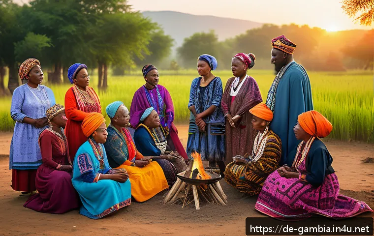 감비아 월로프족 역사 - A vibrant traditional Wolof village ceremony honoring ancestors, featuring elders dressed in colorfu...