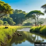 감비아 야생동물 보호구역 - A vibrant scene in Kiang West National Park showing a lush savanna landscape with a winding river un...