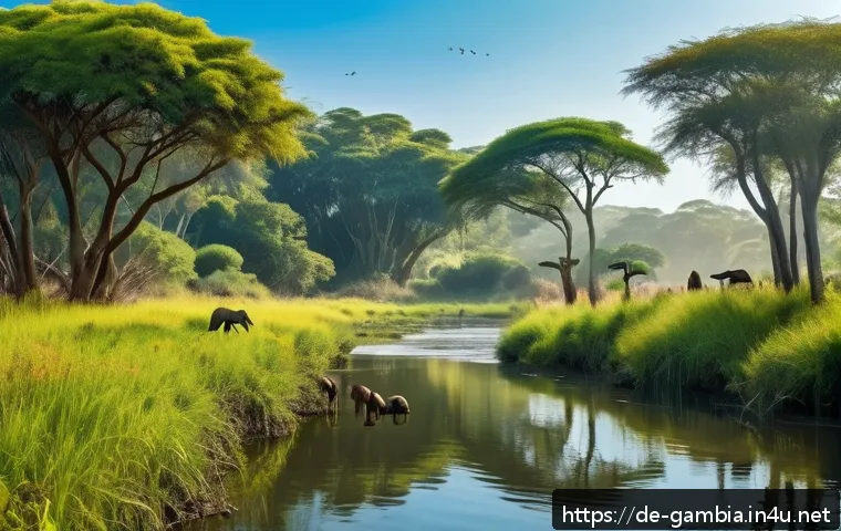 감비아 야생동물 보호구역 - A vibrant scene in Kiang West National Park showing a lush savanna landscape with a winding river un...