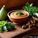 감비아 전통 요리 - A vibrant Gambian kitchen scene showcasing a rustic wooden table laden with traditional ingredients:...