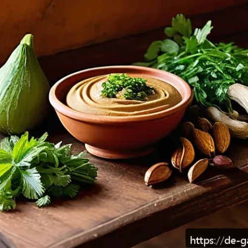 감비아 전통 요리 - A vibrant Gambian kitchen scene showcasing a rustic wooden table laden with traditional ingredients:...