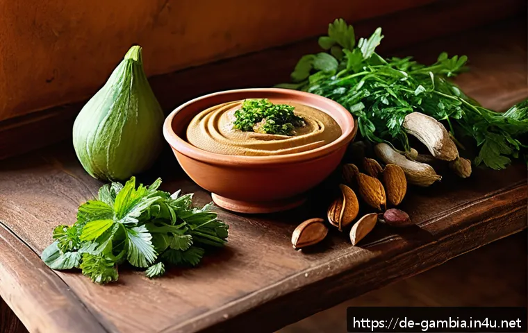 감비아 전통 요리 - A vibrant Gambian kitchen scene showcasing a rustic wooden table laden with traditional ingredients:...
