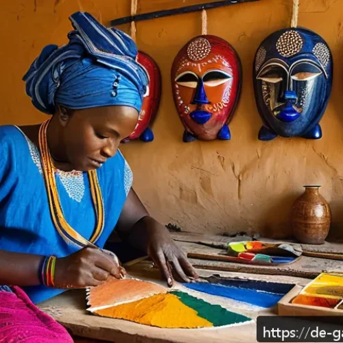 감비아 유명 예술가 - A vibrant Gambian artist&rsquo;s studio scene, showcasing a young female artist wearing colorful tradition...