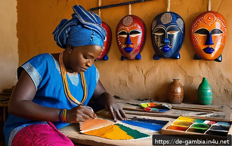 감비아 유명 예술가 - A vibrant Gambian artist&rsquo;s studio scene, showcasing a young female artist wearing colorful tradition...