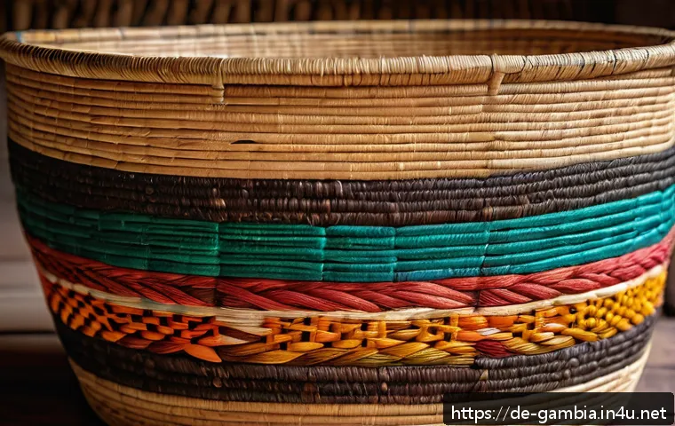 감비아 수공예품 및 기념품 - A detailed close-up of a traditional Gambian handcrafted basket made from natural sisal fibers, show...