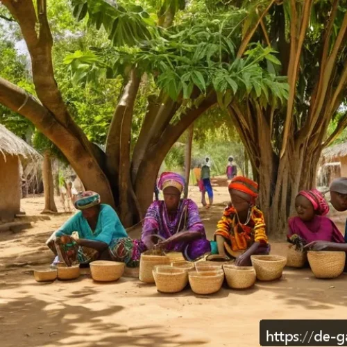 감비아에서의 로컬 커뮤니티 체험 - A vibrant Gambian village scene under large mango trees, showing a diverse group of warmly dressed v...