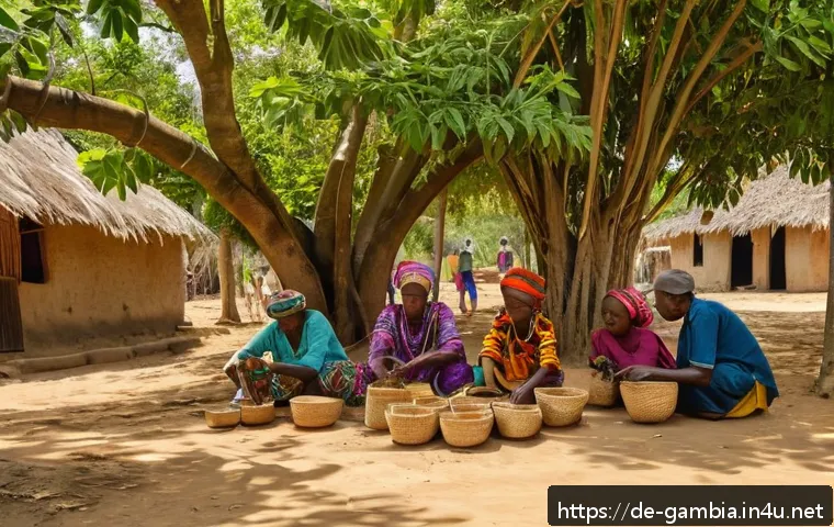 감비아에서의 로컬 커뮤니티 체험 - A vibrant Gambian village scene under large mango trees, showing a diverse group of warmly dressed v...
