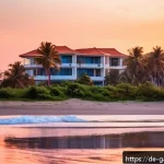 감비아에서 은퇴 후 생활 - A serene Gambian coastal scene at sunset, featuring a modern low-rise apartment complex near the bea...
