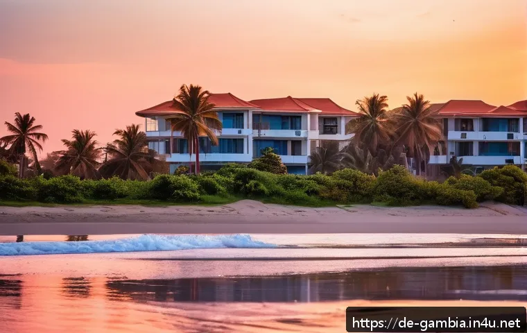 감비아에서 은퇴 후 생활 - A serene Gambian coastal scene at sunset, featuring a modern low-rise apartment complex near the bea...
