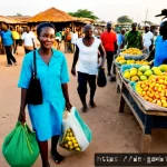 감비아 플라스틱 사용 금지 - Photorealistic documentary scene in a bustling Gambian coastal market, local vendors arranging fresh...