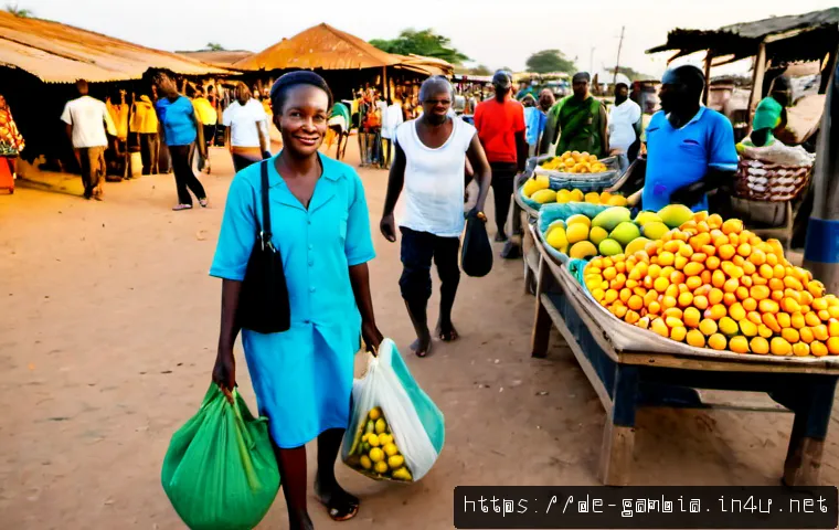 감비아 플라스틱 사용 금지 - Photorealistic documentary scene in a bustling Gambian coastal market, local vendors arranging fresh...