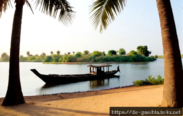 감비아 관광 명소 - Photorealistic travel scene at Kunta Kinteh Island, The Gambia: weathered stone ruins of a historic ...