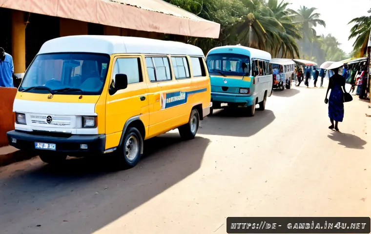 Home 17 감비아 교통수단 및 대중교통 - Photorealistic morning scene in Banjul, The Gambia, a colorful shared minibus taxi waiting beside a ...
