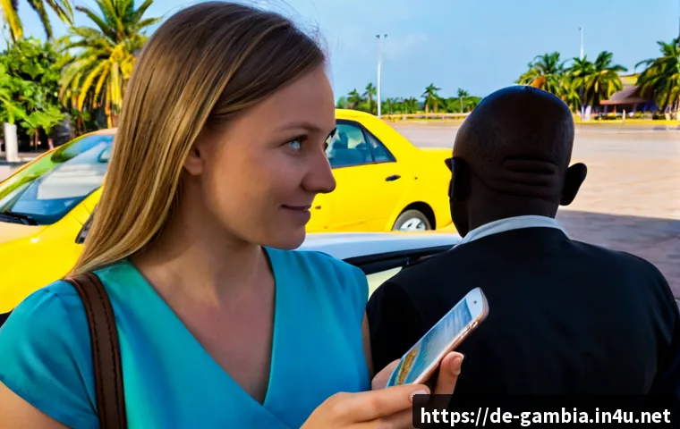 Home 17 감비아 여행 시 사기 유형 - Photorealistic travel-scam awareness scene in a sunny Gambian airport taxi area, a cautious German t...
